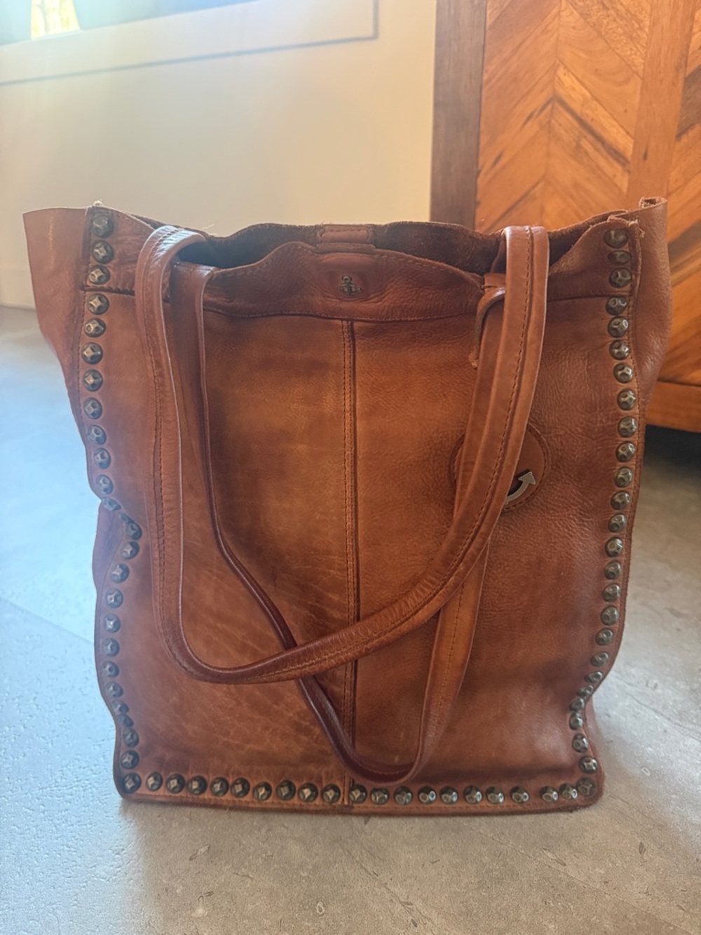 Barbour 2nd Stud-Trim Genuine Leather Tote in Rich Chestnut Brown